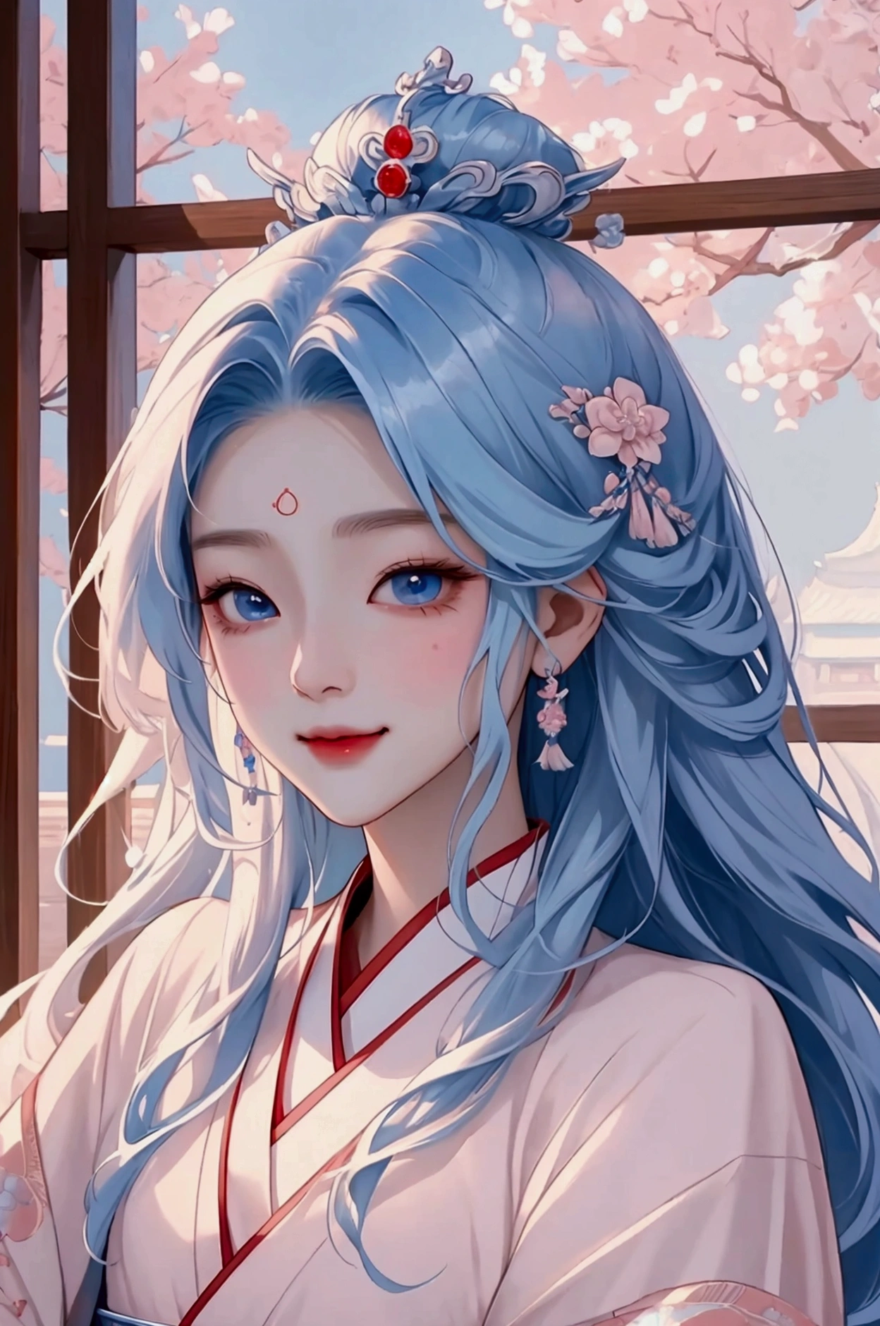 (Highest quality、 8k 、masterpiece、High resolution)、(Chinese Drama、Changgexing、Li Changge、Dililaba)、Tang Dynasty、Changan、1 Female、Beautiful young person、blue eyes、Pretty lips、Hairpin、(Noble Princess)、(Anime Beauty)、(Anime Art)、Smiling and posing happily、Bright atmosphere、Light colored long hair、Light pink Hanfu、Changanの街並み、Tang Dynasty Buildings、Tang Dynasty Buildings、Official Art、Detailed CG、