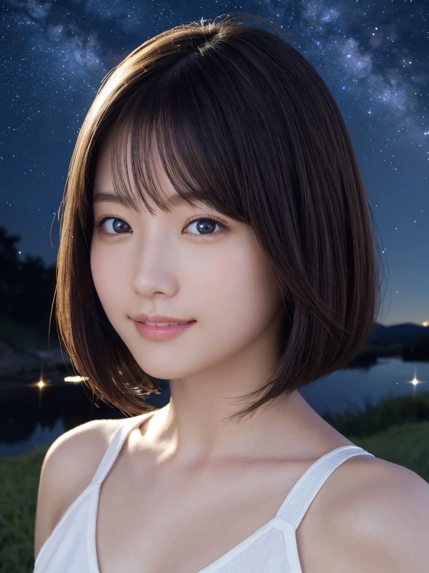 masterpiece、Highest quality、High resolution、Japanese women、(RAW Photos, Highest quality), (reality, Realistic:1.4) Tabletop、reality的、Stereoscopic lighting、Professional Lighting、Face Light、Smooth lighting、sexy、Sunburned skin、very detailed eyes and face, Beautiful and detailed nose, beautiful eyes, Perfect Anatomy、Bobcut、Brunette Hair、Iris、A cool smile、 looking up at beautiful starry sky