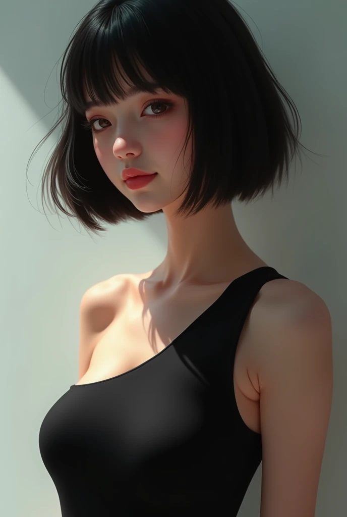 One-shoulder leotard, a beautiful girl with an idol face, with her chest peeking out, a smile that looks like she's about to cry. Short Bob