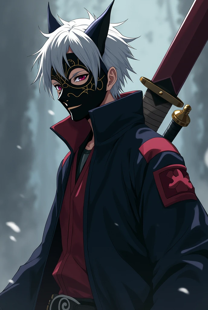 male anbu short white hair sideview, wearing akasuki robe, with big sword at back. black full face fox mask with gold eye lining, anime, badass, jutsu fingers