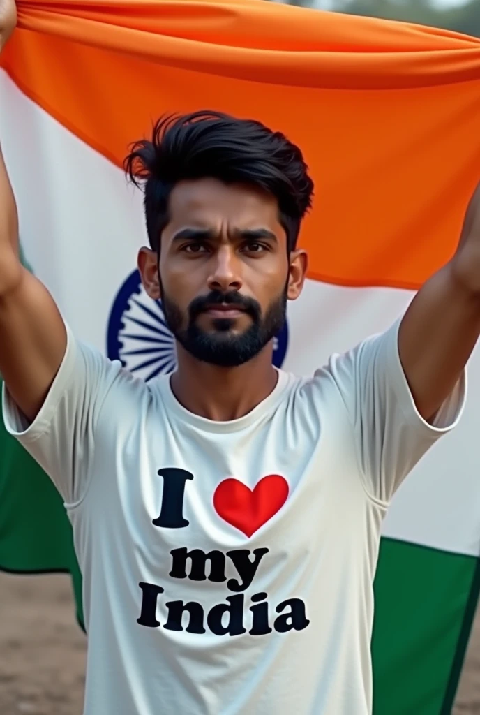 30 year old man , holding up a Indian flag, wearing a t shirt, write name on t shirt ..Ankur Singh, with i love my india