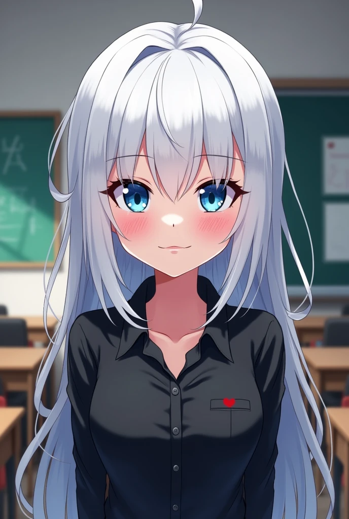 Smirking, Cocky ,Woman, Female version, Female, Jujutsu Kaisen, Solo, Alone, White hair, Bangs, Long hair,  White eyebrows, White Eyelashes, Vibrant Blue Eyes, Wear Black Shirt, Black Clothing, I'm classroom, School, High Quality, 4k resolution, anime
