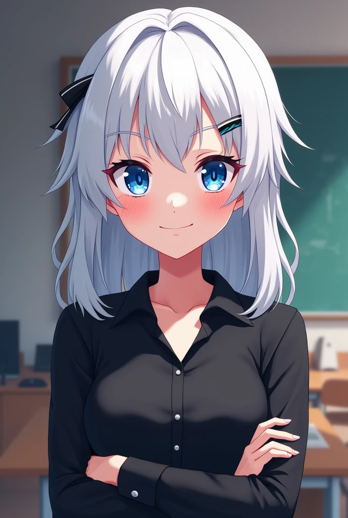 Smirking, Cocky ,Woman, Female version, Female, Jujutsu Kaisen, Solo, Alone, White hair, Bangs, Long hair, White eyebrows, White Eyelashes, Vibrant Blue Eyes, Wear Black Shirt, Black Clothing, I'm classroom, School, High Quality, 4k resolution, anime
