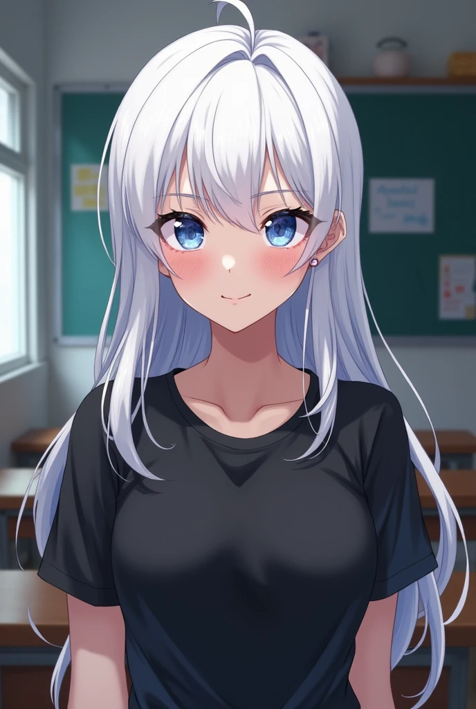 Smirking, Cocky ,Woman, Female version, Female, Jujutsu Kaisen, Solo, Alone, White hair, Bangs, Long hair,  White eyebrows, White Eyelashes, Vibrant Blue Eyes, Wear Black Shirt, Black Clothing, I'm classroom, School, High Quality, 4k resolution, anime