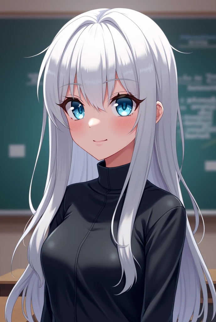 Smirking, Cocky ,Woman, Female version, Female, Jujutsu Kaisen, Solo, Alone, White hair, Bangs, Long hair,  White eyebrows, White Eyelashes, Vibrant Blue Eyes, Wear Black Shirt, Black Clothing, I'm classroom, School, High Quality, 4k resolution, anime