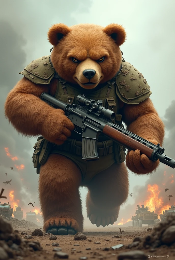 Muscular teddy bear going to war with a rifle



