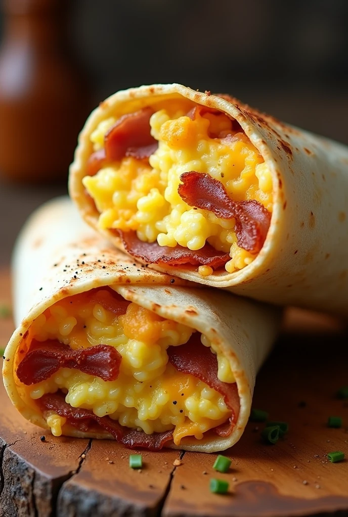 Make burrito that has rice, bacon , cheese and egg