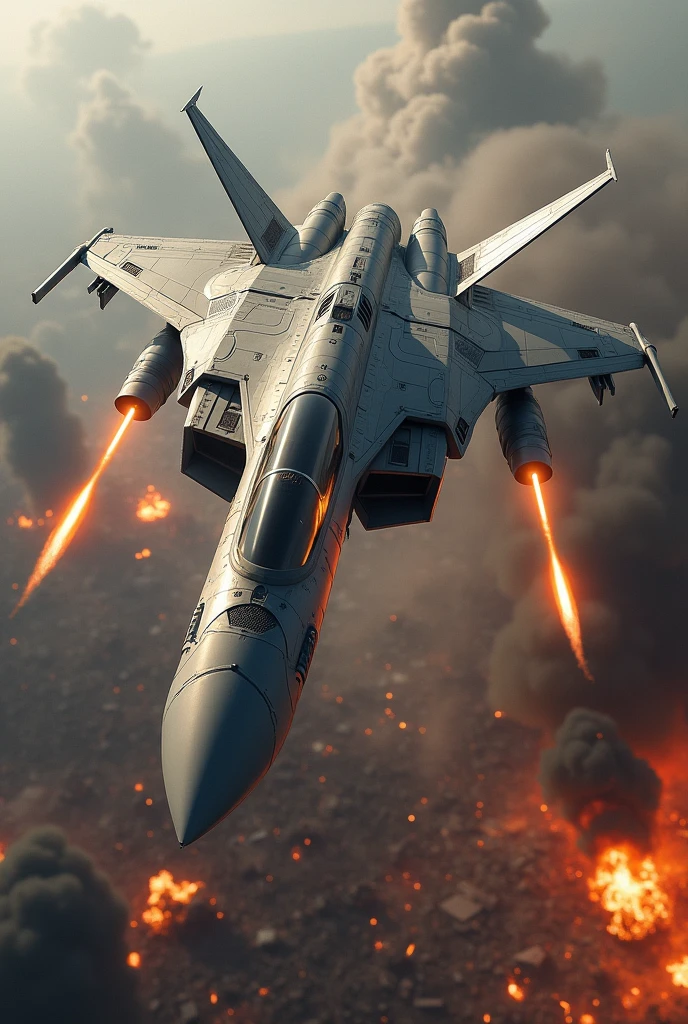 A giant, winged super-fighter jet shaped like a Colt pistol flies low over the battlefield, spraying fire from its muzzle.。Explosion and destruction、Blow away enemy camp、Pistol-shaped flying battleship、