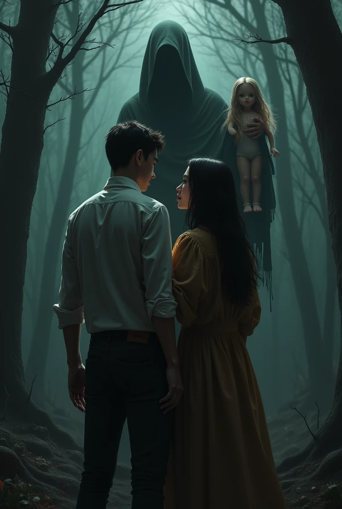 A handsome young man has his back to a young woman with the background of a forest and shadowy man holding a girl doll
