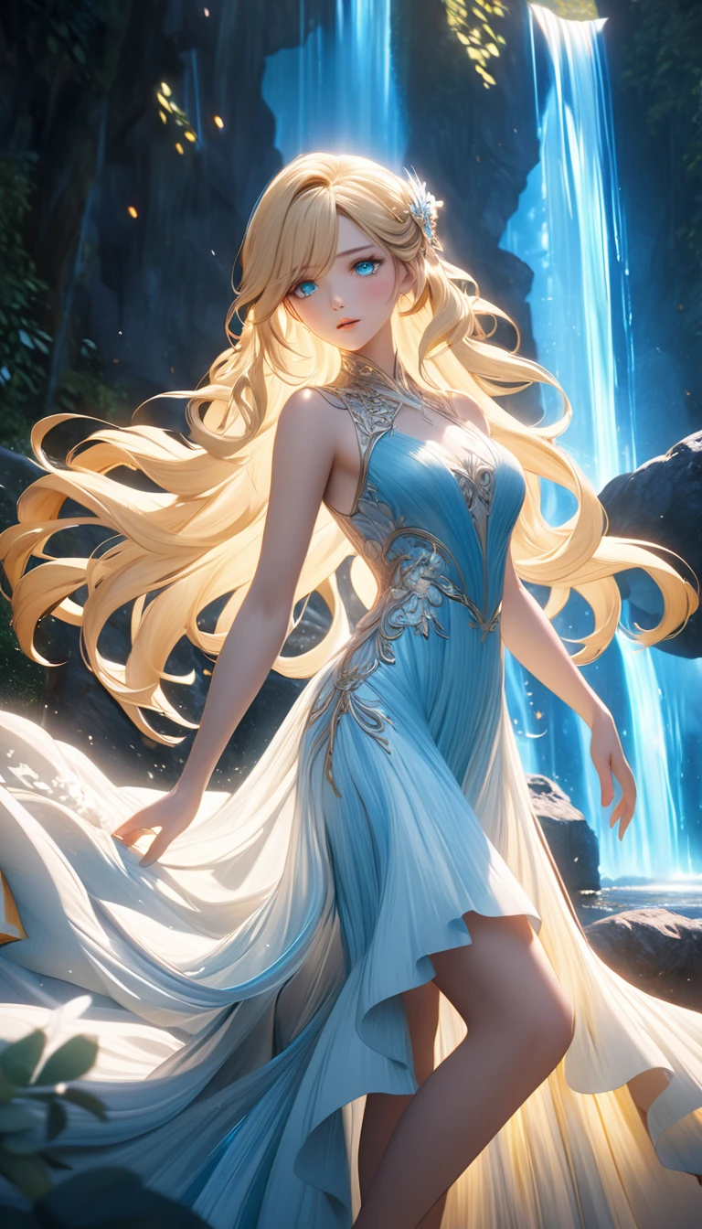 Fullbody 128k Bluray Extreme UHD 4K High quality anime image . My attention is drawn to an incredibly beautiful woman with long, wavy blonde hair that falls like waterfalls, full lips and cyan eyes. Her presence radiates elegance and charm, her features perfectly highlighted by the ambient glow. an incredibly beautiful woman catches my eye. Her presence radiates elegance and charm, her features perfectly highlighted by the ambient glow. royal hair style , immersed in happiness, adding a personal and intimate touch to the scene." Rendered in stunning 4K and UHD resolution using Octane Render CGI technology, everything comes to life in a mesmerizing 16K masterpiece, with an aura fascinating and high level of detail, anime fantasy illustration with tears in her dark eyes, beautiful fantasy portrait, beautiful anime woman with blonde hair, 4K, UHD, Ultra HD 4K image, extremely fascinating ethereal light, intricate details , extremely detailed, incredibly detailed. The woman dress a  dress on high heels