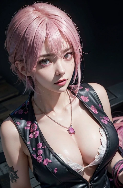 Cool women、sexy、Center of chest、Rize from Chainsaw Man、beauty、Yandere、、Face close-up、Chest tattoo、suit、necklace、(look up)、(Pink Hair)、).((Save face image))、(England).((Germany)).