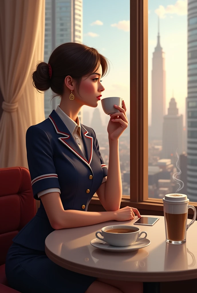 A woman sitting, a cup of coffee, cafe, distance view, uniform stewardess, 