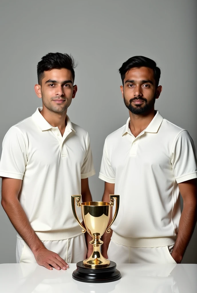 Two indian clean shaved
ager test captains in white half sleeve test cricket jersey and their face infront of camera fully visible and trophy in middle of them on table