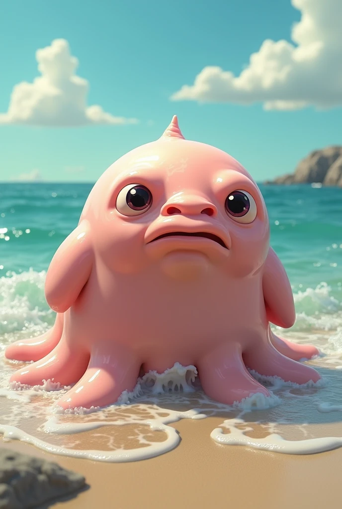 A realistic image of a blobfish, appearing out of water with a melting, gelatinous body. The blobfish should have a funny, sad expression on its face, making it look like it's aware of how weird it looks. Add a sunny, beach-like background to enhance the contrast of its appearance."
