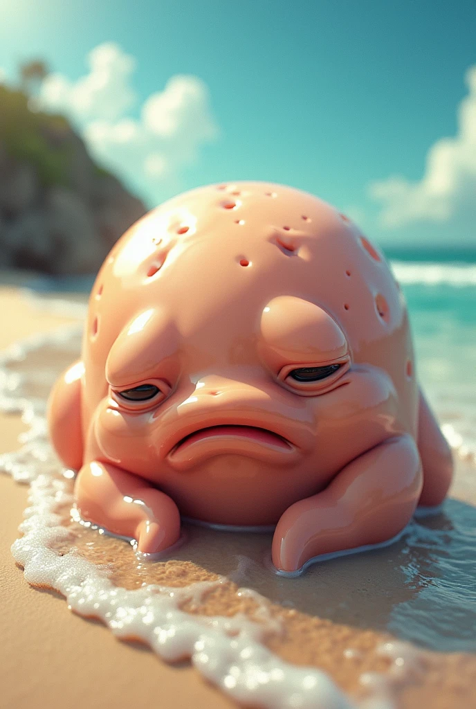 A realistic image of a blobfish, appearing out of water with a melting, gelatinous body. The blobfish should have a funny, sad expression on its face, making it look like it's aware of how weird it looks. Add a sunny, beach-like background to enhance the contrast of its appearance."
