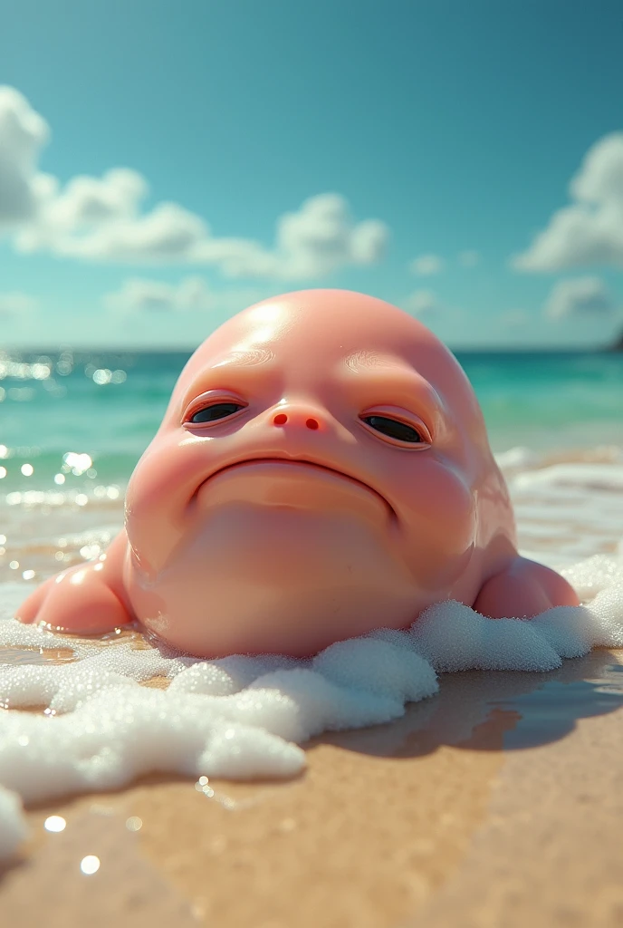 A realistic image of a blobfish, appearing out of water with a melting, gelatinous body. The blobfish should have a funny, sad expression on its face, making it look like it's aware of how weird it looks. Add a sunny, beach-like background to enhance the contrast of its appearance."