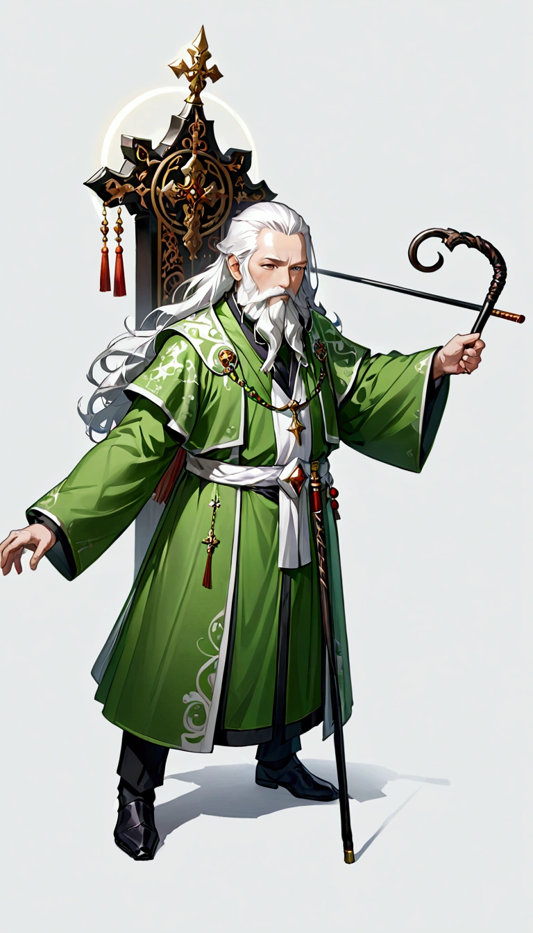 Highest quality、high resolution、High detail、Priest、All-back white hair、Cool Uncle、Long white hair and a beard、whole body、Cane、Green Robe