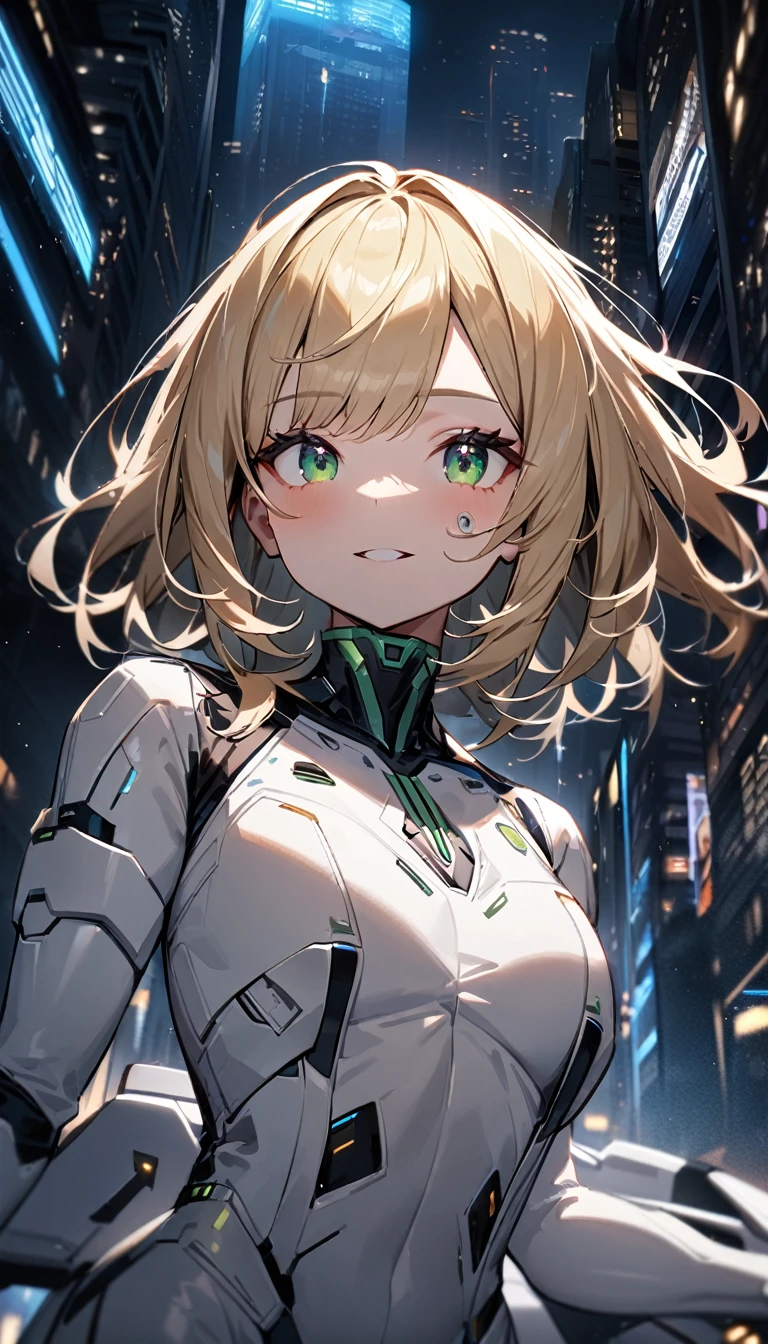 1girl,original,solo,blond hair,medium hair,green eyes, white body suit,low neck,full body,Futuristic city Background,relief face,night time,Science fiction,ultra-detailed,sharp focus,(best quality)