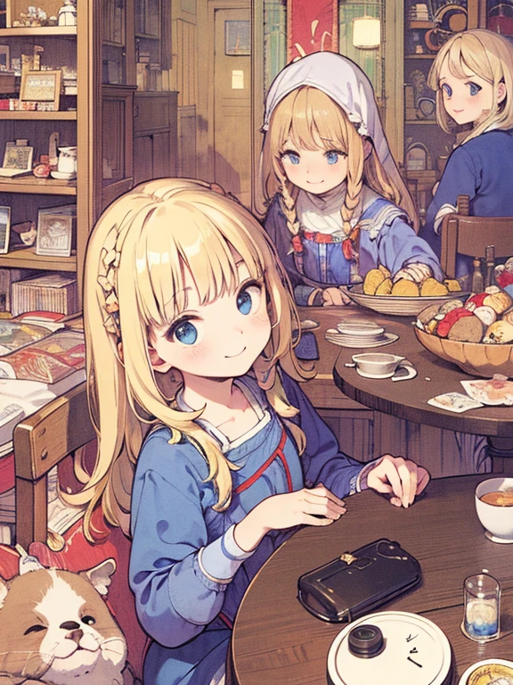 8k, Alice in Wonderland, (Carl Larsson:1.6), Detailed face, Mischievous Smile, blue eyes, blonde, Braiding, Long Hair, Ribbon on head, Blue clothes, Plain white apron, 大きなclockのある部屋で, clock, 壁clock
