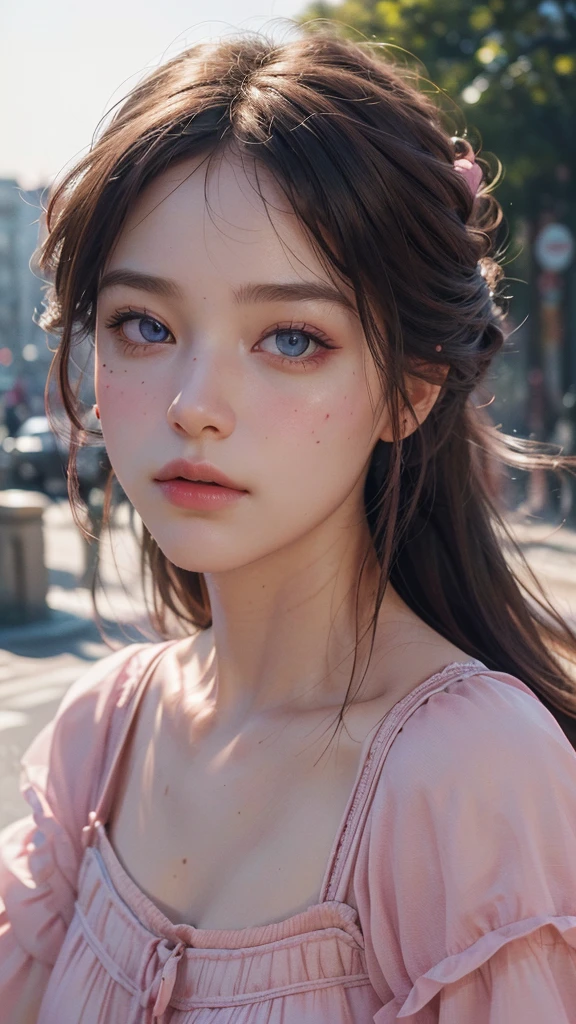 8K, Best quality, masterpiece, ultra high resolution, (realism: 1.4), original photo, (realistic skin texture: 1.3), (Granularity: 1.3), (Selfie angle), 1 girl, Pink clothes, Sapphire eyes and beautiful facial details, masterpiece, Best quality, close- up, Upper body. Highest quality image quality. Pull-ups.