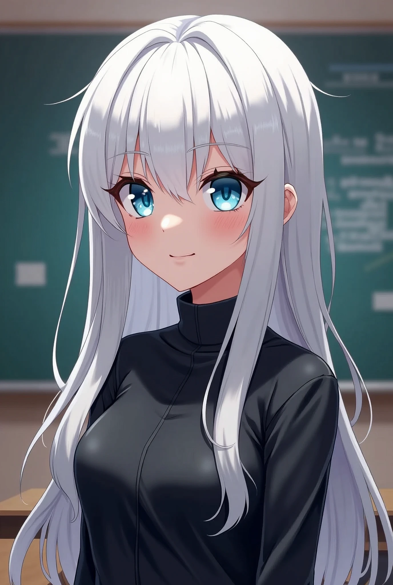 Smirking, Cocky ,Woman, Female version, Female, Jujutsu Kaisen, Solo, Alone, White hair, Bangs, Long hair, White eyebrows, White Eyelashes, Vibrant Blue Eyes, Wear Black Shirt, Black Clothing, I'm classroom, School, High Quality, 4k resolution, anime