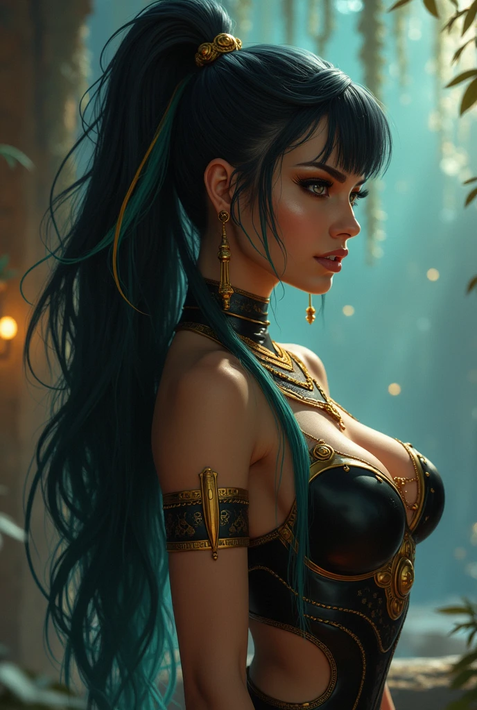Nefera de Nile as a real woman
Hair: dark with a lot of golden and turquoise streaks as a ponytail
Outfit is sexy
Large breasts