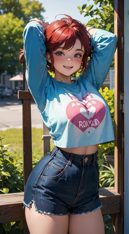 (best quality, masterpiece), 1 twenty years old woman, arms up hands behind head, smile, laughing, huge over-sized t-shirt, shorts, dark pixie haircut, freckles, blush, looking at viewer, cutesy, alluring eyes...
