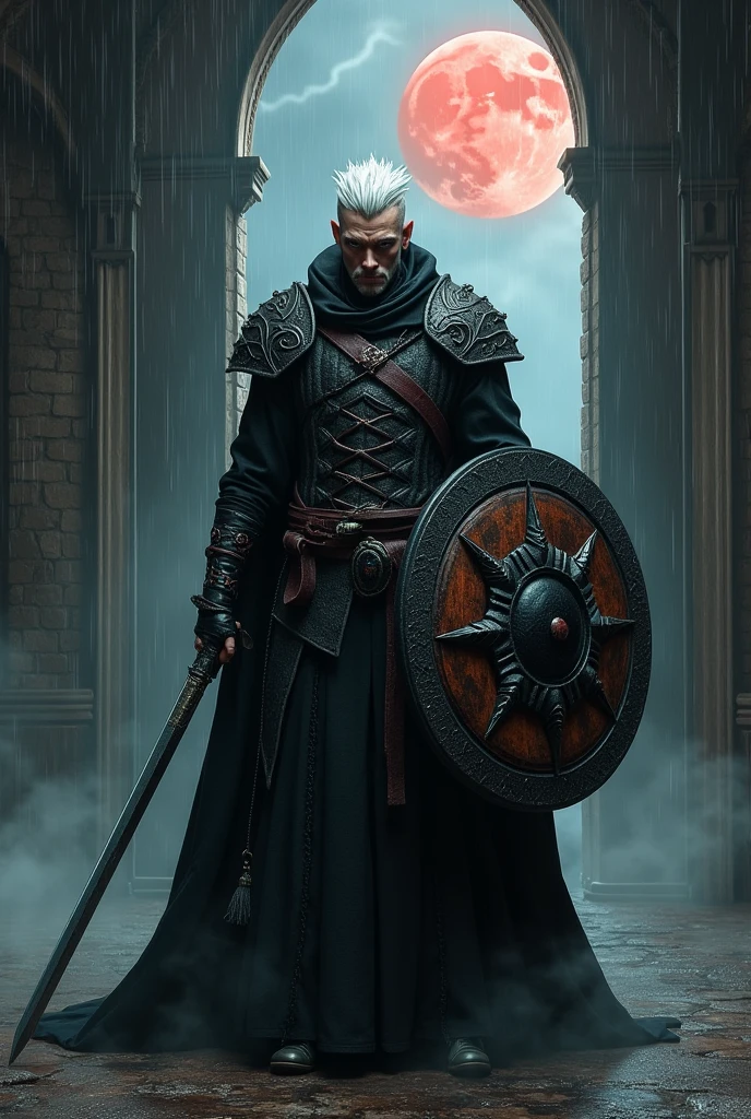 Close UP of a Tall Man, shaven, with white and spiky hair, with silver iris of the eyes, inside a medieval castle, with a reddish full moon with its glow coming through a window, wearing a black medieval Brunea with a round black sun on the chest, with a large circular shield adorned with a black sun and emanating a magical aura, using a long sword, relaxed pose, realistic, intricate details, with heavy rain with thunder outside the castle.