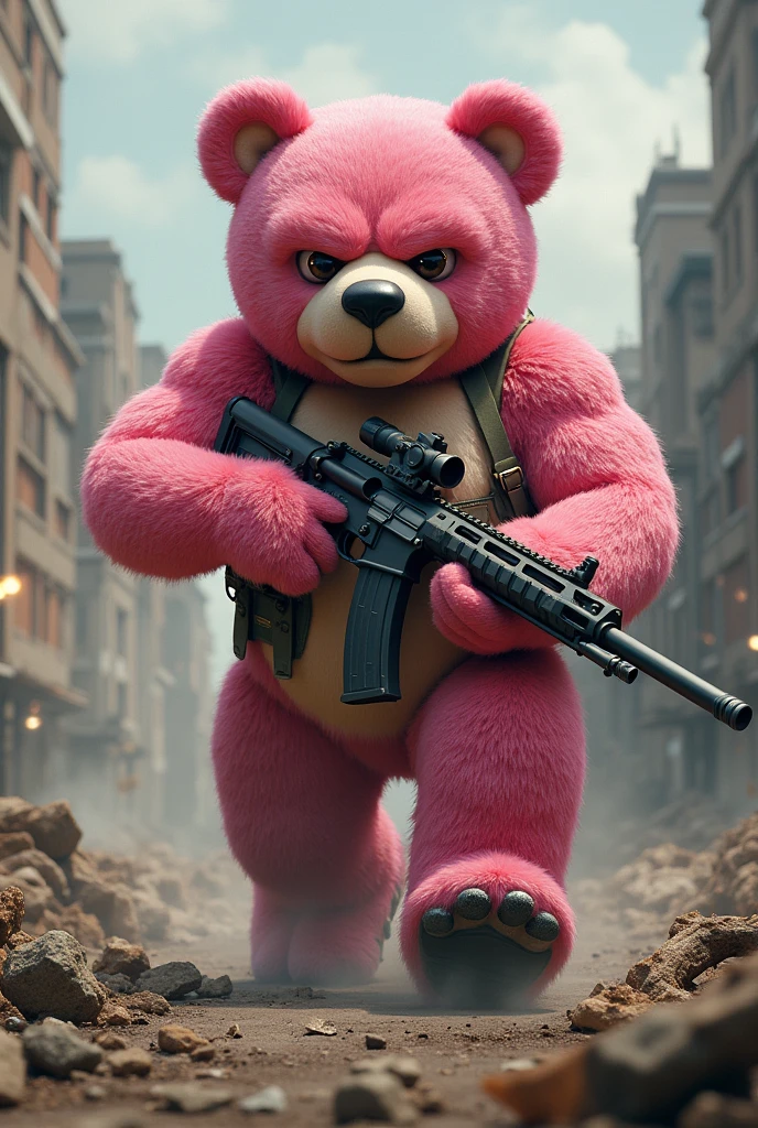 Muscular pink teddy bear going to war with rifle


