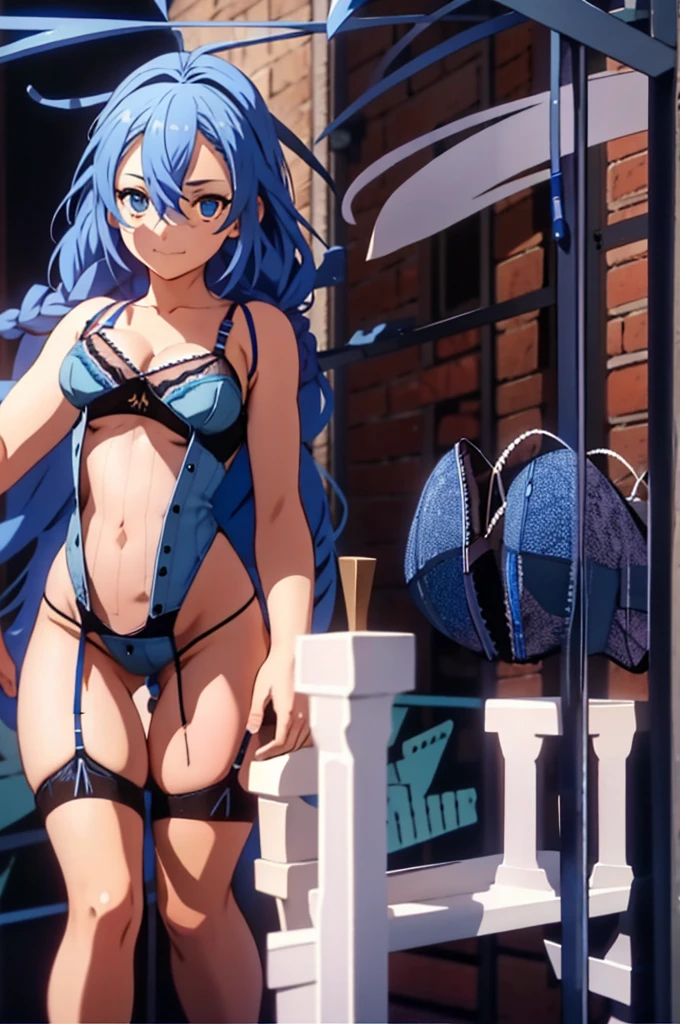 One person, Roxy Migurdia, blue eyes, Blue Hair, Twin Blade, Braided Ponytail, Ahoge, sexy, bunda sexy, whole body, sexy, sexy position, indecent, View the viewer, With a smile, Outdoor, sun, (lingerie:1.8), fix, Sitting on the beach,, (Master Parts:1.2), High range, Highest quality, 8k, obvious,