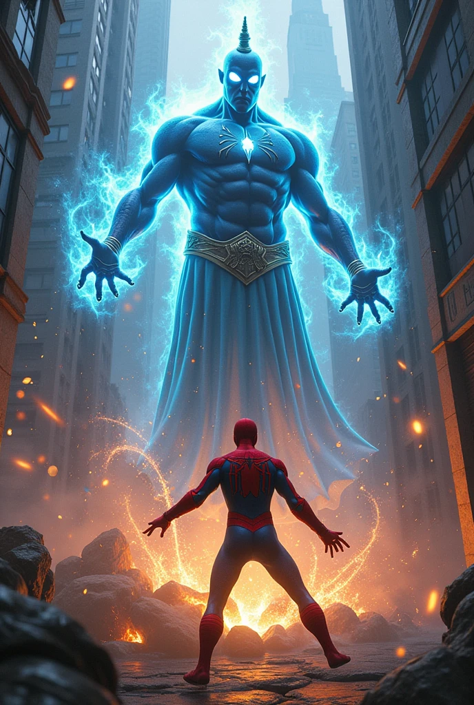 A genie from a lamp destroying Spiderman