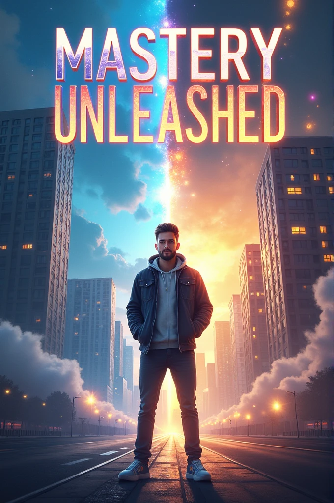 The title, Mastery Unleashed, is bold and dynamic. Use a modern, sleek font for the title, with a glowing or metallic effect to give it prominence. The subtitle, if any, can be smaller and placed beneath the main title.A split scene: on one side, a modern cityscape with skyscrapers and bustling streets, representing the MC's original world; on the other side, an abstract, ethereal realm with glowing lights and floating geometric shapes, symbolizing the new world.The protagonist stands prominently in the center, looking determined. They should be dressed in modern, casual attire, with a subtle aura or glow to hint at their new powers. Their posture should be confident, reflecting their readiness to master new skillsThe title, Mastery Unleashed, is bold and dynamic. Use a modern, sleek font for the title, with a glowing or metallic effect to give it prominence. The subtitle, if any, can be smaller and placed beneath the main title.Use contrasting colors to differentiate the two worlds—cool blues and greys for the modern city, and warm, vibrant hues like golds and purples for the fantastical realm. This contrast highlights the transition and the protagonist’s journey.
Additional Elements:

Include subtle elements like swirling energy or light trails around the protagonist, suggesting the constant improvement and mastery they are achieving.Use contrasting colors to differentiate the two worlds—cool blues and greys for the modern city, and warm, vibrant hues like golds and purples for the fantastical realm. This contrast highlights the transition and the protagonist’s journey.The protagonist stands prominently in the center, looking determined. They should be dressed in modern, casual attire, with a subtle aura or glow to hint at their new powers. Their posture should be confident, reflecting their readiness to master new skills