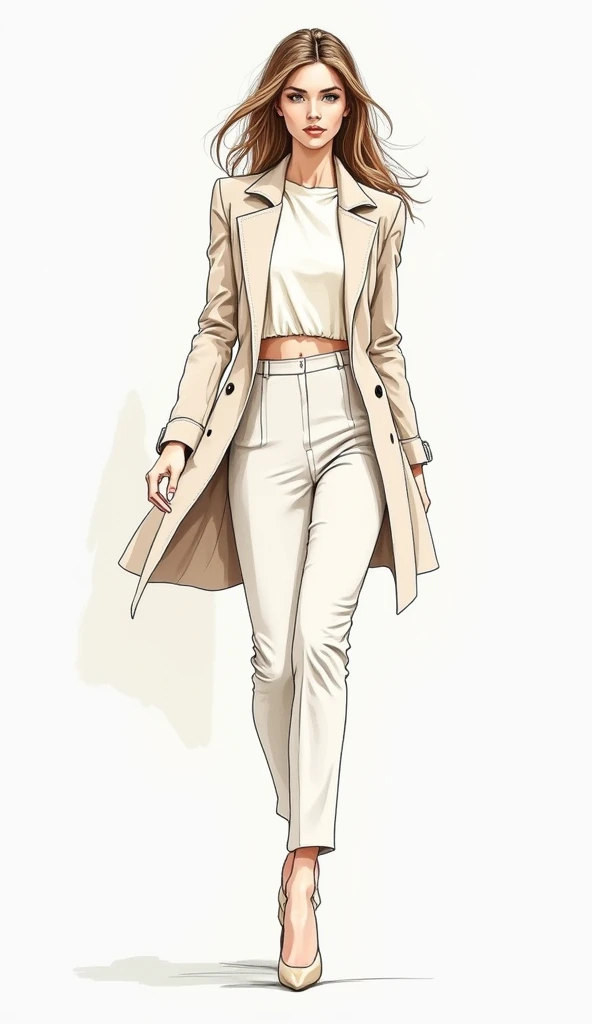 David downton fashion illustration, mustafa soydan drawing, line art sketch on a white background, beautiful woman face portrait, slim figure, jacket, natural color