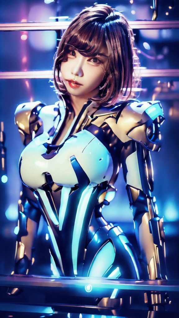 Highest quality, masterpiece, figure, (Realistic, photo-Realistic:1.37), wonderful, In detail, Incredibly absurd, Large file size, Very detailed, High resolution, Very detailed CG Unity 8k wallpaper, Very detailed目と顔, Ray Tracing, Browsing Caution, NUDE, One girl, Korean cyborg girl is innocent and young々Has a sly expression. She poses boldly with her arms raised above her head, Revealing her voluptuous figure. She is wearing a small black mecha armor top that barely covers her breasts., Exposing most of her flawless skin. Her shoulders and head have more armor detailing.、There are shining highlights, Tech Panels and Mechanisms. She is standing against a futuristic cityscape lit up with vibrant neon lights.、Standing full of energy。.