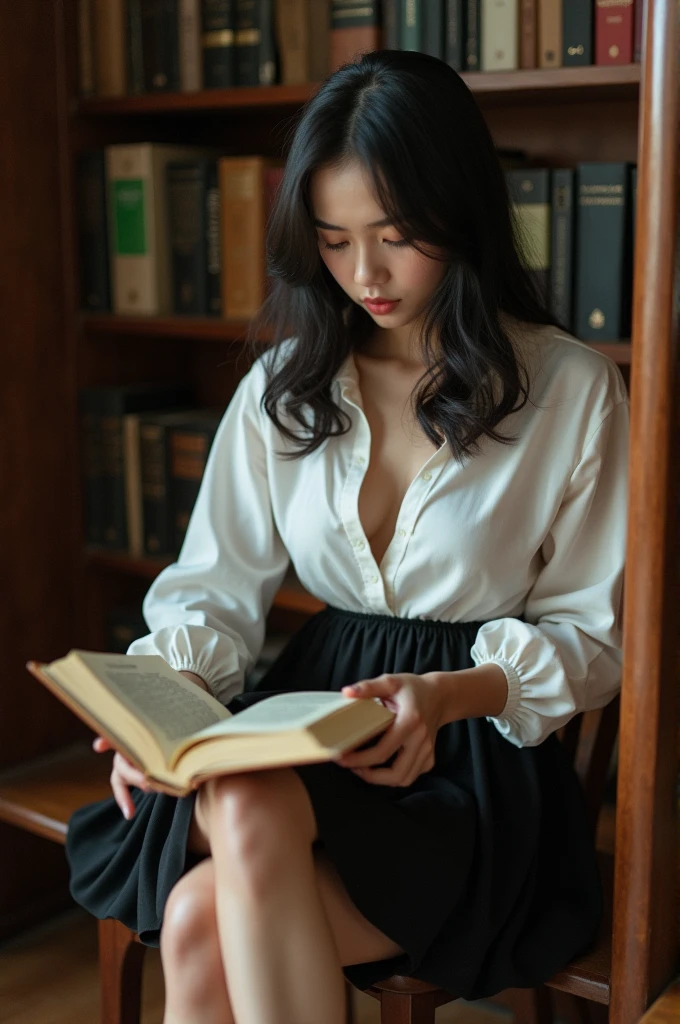 film photo of a cute young Thai woman sexy pose in library. random angle view, She is wearing a white shirt sitting and reading, short sleeves and black pleated skirt, belt,