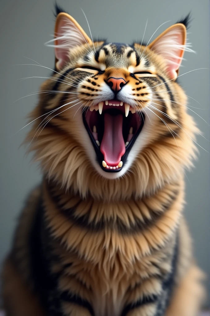 A long-haired tabby cat yawning with its mouth wide open