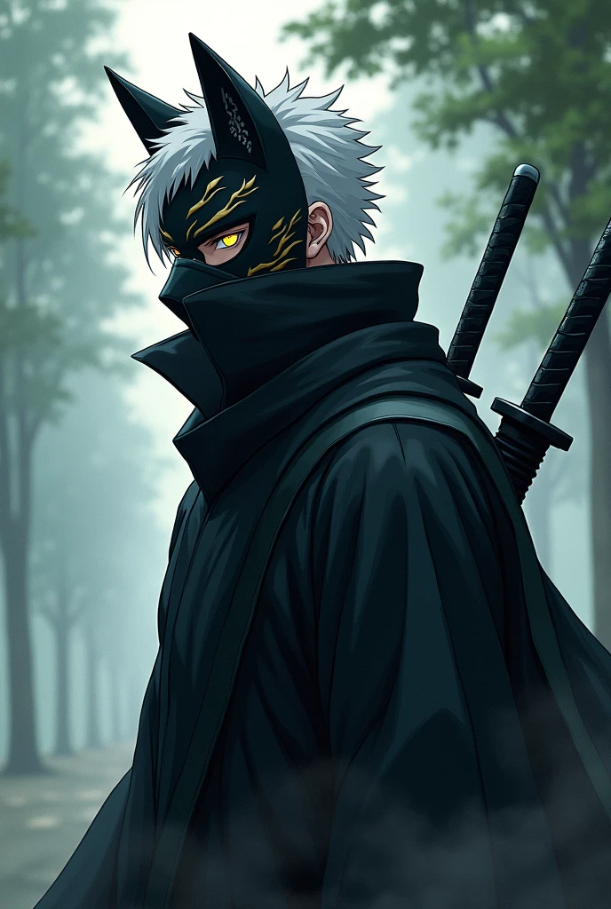 male anbu short white hair sideview, wearing akasuki robe, with big sword at back. black full face cover fox mask with gold eye lining, anime, badass, ghibli