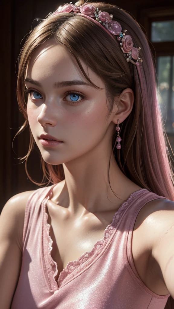 8K, Best quality, masterpiece, ultra high resolution, (realism: 1.4), original photo, (realistic skin texture: 1.3), (Granularity: 1.3), (Selfie angle), 1 girl, Pink clothes, Sapphire eyes and beautiful facial details, masterpiece, Best quality, close- up, Upper body. Highest quality image quality. Pull-ups.