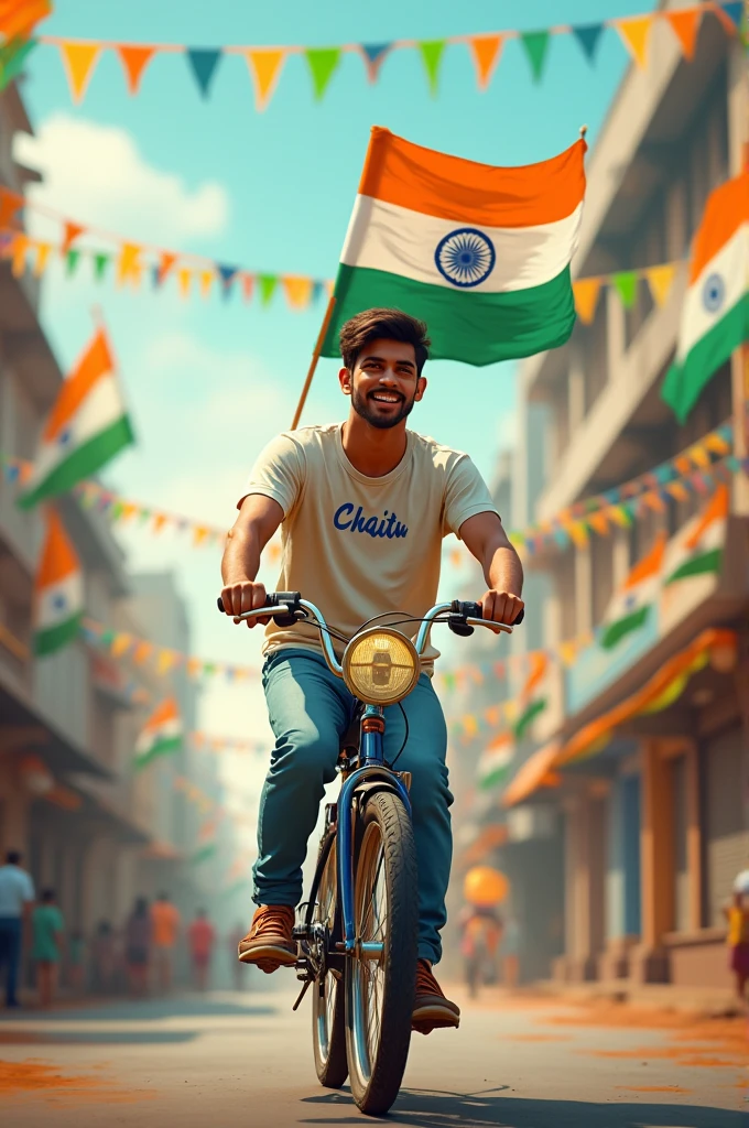 “Scene of a 28-year-old Indian boy riding a bicycle with the Indian flag attached to the back. The streets are decorated with tricolor flags and streamers. His t-shirt reads ‘Chaitu,’ and the text ‘Freedom Ride’ is displayed in 3D at the top.”