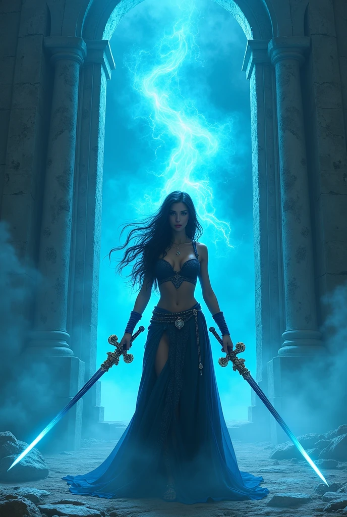 Ancient magical temple, surrounded by bright blue mist, a woman in front of it dressed as a warrior, long black hair, beautiful body and with two swords in her hand