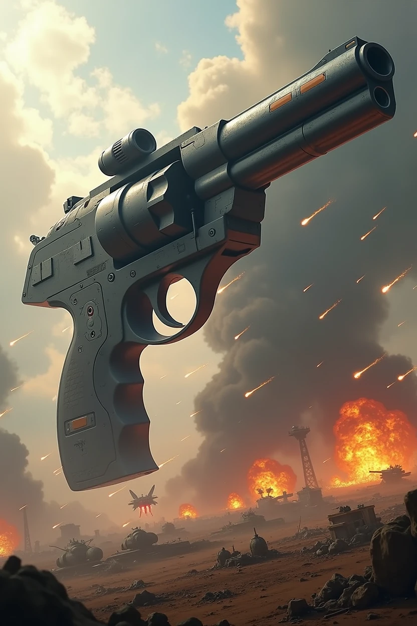 A giant, winged super-fighter jet shaped like a Colt pistol flies low over the battlefield, spraying fire from its muzzle.。Explosion and destruction、Blow away enemy camp、Pistol-shaped flying battleship、