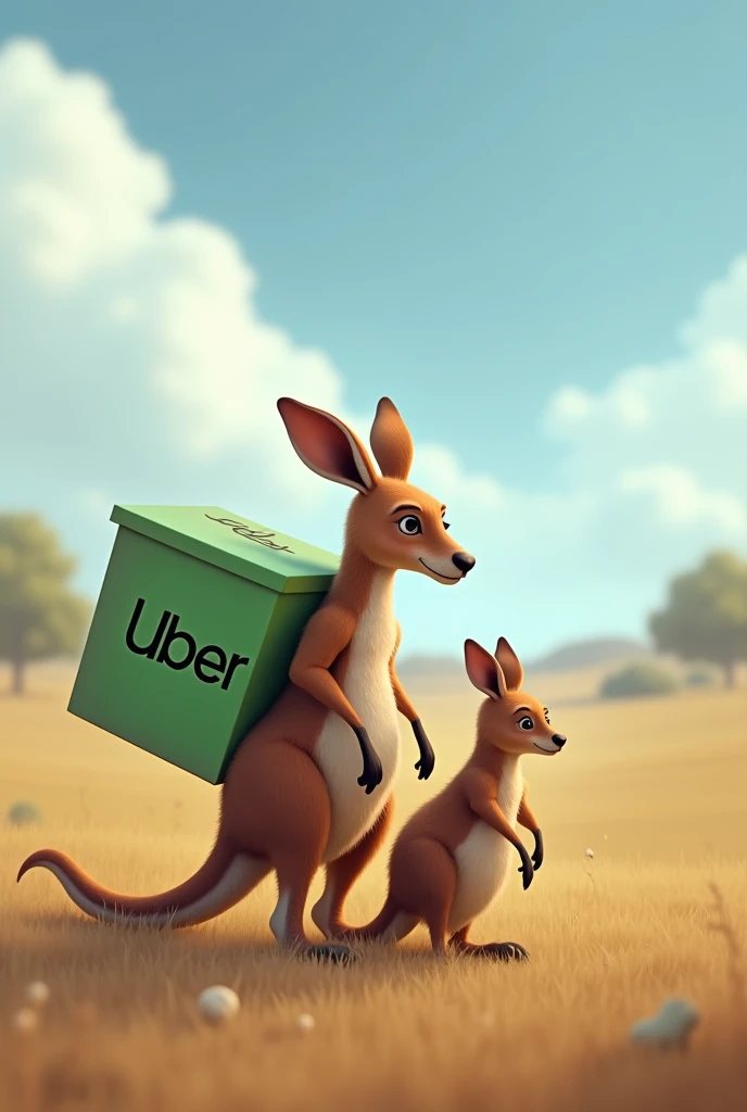 A baby kangaroo pokes its head out of the pouch in front of a mother kangaroo. A mother kangaroo carries a delivery box on her back with a green Uber logo printed on it, and the blurred background is an open natural landscape with blue sky and white clouds.