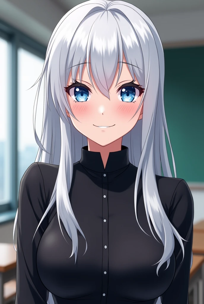 Smirking, Cocky ,Woman, Female version, Female, Jujutsu Kaisen, Solo, Alone, White hair, Bangs, Long hair, White eyebrows, White Eyelashes, Vibrant Blue Eyes, Wear Black Shirt, Black Clothing, I'm classroom, School, High Quality, 4k resolution, anime
