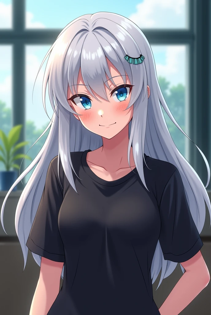 Smirking, Cocky ,Woman, Female version, Female, Jujutsu Kaisen, Solo, Alone, White hair, Bangs, Long hair,  White eyebrows, White Eyelashes, Vibrant Blue Eyes, Wear Black Shirt, Black Clothing, I'm classroom, School, High Quality, 4k resolution, anime