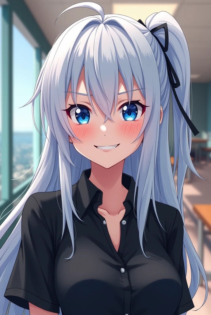 Smirking, Cocky ,Woman, Female version, Female, Jujutsu Kaisen, Solo, Alone, White hair, Bangs, Long hair,  White eyebrows, White Eyelashes, Vibrant Blue Eyes, Wear Black Shirt, Black Clothing, I'm classroom, School, High Quality, 4k resolution, anime