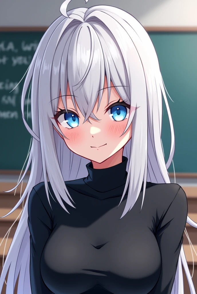 Smirking, Cocky ,Woman, Female version, Female, Jujutsu Kaisen, Solo, Alone, White hair, Bangs, Long hair,  White eyebrows, White Eyelashes, Vibrant Blue Eyes, Wear Black Shirt, Black Clothing, I'm classroom, School, High Quality, 4k resolution, anime