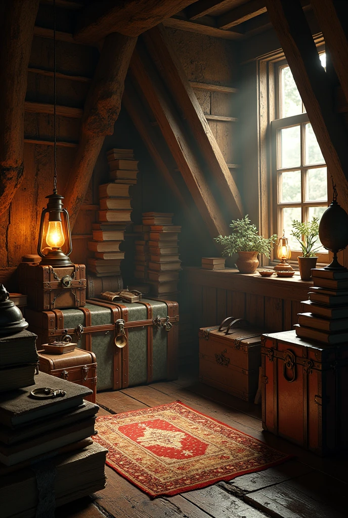 Attic filled with vintage objects (trunks, lanterns, old books).