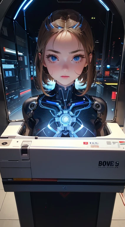 (highest quality, High resolution, masterpiece:1.2), Super detailed, realistic:1.37, (perfect anatomy),1 girl,cowboy shot,full body portrait,,close-up of woman, Cute and completely beautiful Japanese idol, 16 year old female model、Modified into a cute cyborg,, (blue led eyes:1.3), (white bio acrylic body:1.2), ,,detailed connection lines, Wires and cables connecting to the head, cybernetics, cyber 3ink, intricate decorative details, The background is the interior of a robotic operating room.,,monitor screen