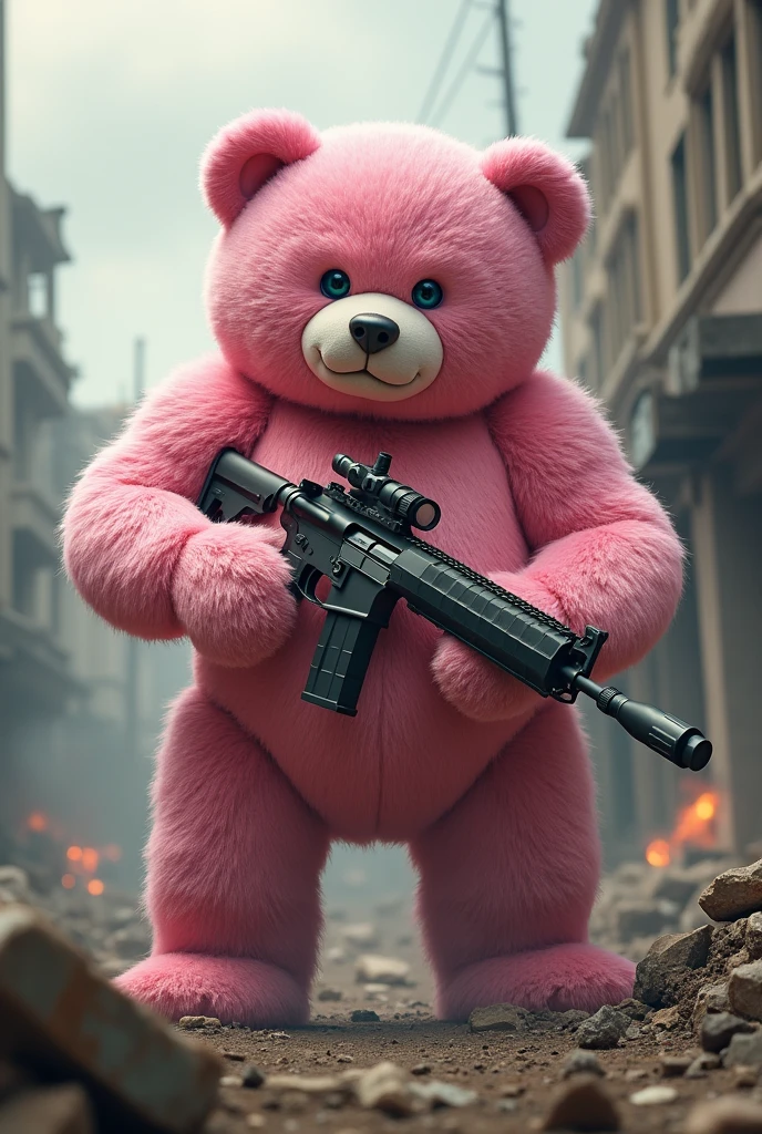Fluffy pink muscular teddy bear going to war with a rifle


