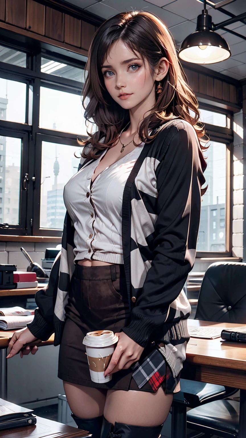 indoor, Portraiture, A 25-year-old woman holding a coffee cup, Black cropped knit cardigan, arm:1, Dark red slim skirt with black check pattern, Black knee-high suede boots, Standing next to the office window